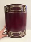 Vintage Scully NY Burgundy Leather Wrapped Wastebasket Can Gold Accents Clean!