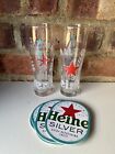 Heineken Silver Half Pint Glass x2 with 4 Beer Mats