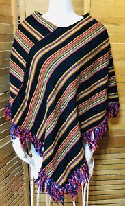 Vintage Italy Knit Poncho Black & Colorful Stripes 3