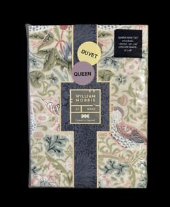 WILLIAM MORRIS England QUEEN Cotton 3 PC Duvet Cover Set Strawberry Thief Summer