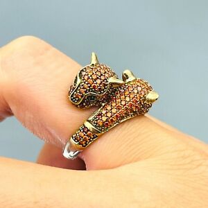 Womens Zircon Citrine 925 Sterling Silver Ring Cat Animal Figure Unique Gift Her