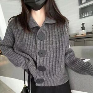 Womens Korean Knitted Cardigan Single Breasted Lapel Collar Sweater Coat Fashion