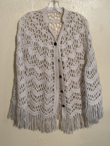 Hand Crocheted Cream Poncho With Leather Buttons - Size M/L