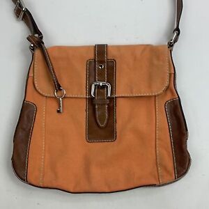 Fossil Canvas Leather Crossbody Bag Orange Brown Key Charm Long Live Vintage