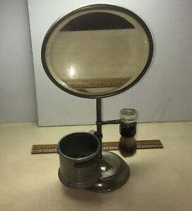 Antique Shaving Mirror / Stand with Brush and Mug (about 15 inches tall)