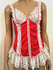 Vintage Red Satin Silky Nylon White Ruffled Lace Lingerie Babydoll Nightie 1960s