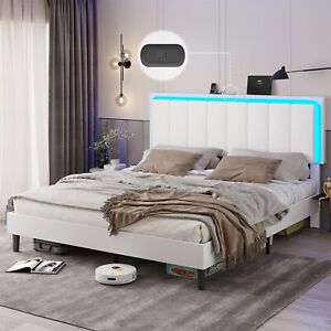 Queen Size Bed Frame with Headboard &LED Light Modern Platform Bed Easy Assembly