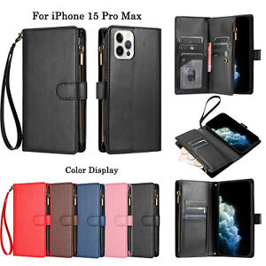 For iPhone 15 Pro Max 14 13 12 11 Dual Layer Card Pocket Flip Leather Phone Case