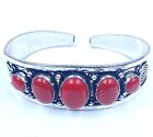 925 Sterling Silver Oval Red Coral Gemstone Handmade Jewelry Cuff Bracelet