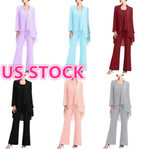 US Women Dressy Pant Suit Wedding Guest Outfits Chiffon Formal Evening Party Set