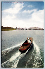 Vacation Days On Lake Michigan MI Runabout Wood Boat Postcard
