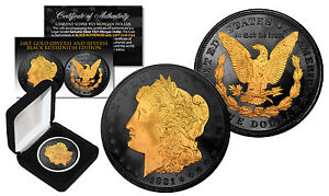1921 Genuine AU MORGAN SILVER DOLLAR Coin w/ 24K Gold & BLACK RUTHENIUM 2-Sided