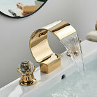 Gold Widespread Waterfall Bathroom Sink Faucet 2 Handle 3Hole Basin Mixer Tap