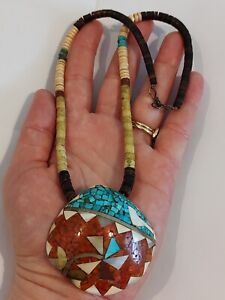 Old Pawn Navajo Turquoise, Coral & Sterling Silver Heishi Necklace-18.5