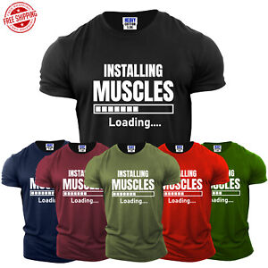 Installing Muscles Mens T-Shirt Funny Sarcastic Gym Workout Fitness New Gift Tee