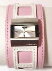 Women Vestal Watch Mod Pink White Wide Leather Bund Band Stainless Silver Case