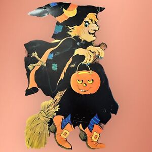 Vintage Halloween Card Die Cut Decoration Hallmark Witch On A Broom Pumpkin 21”