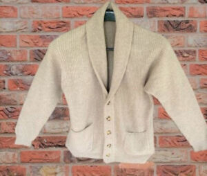 100% Cashmere Heavy Knit Shawl Buttons Pockets Sweater Cardigan Beige XL THICK