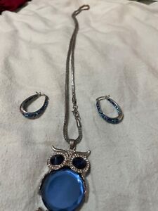 blue crystal owl neclaceswith crystal beads swarovski earings