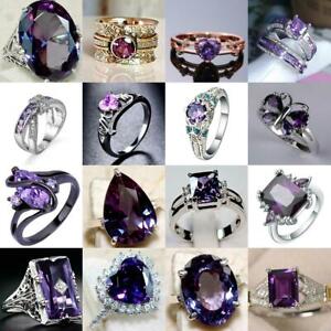 Women Silver Plated Ring Amethyst Purple Gemstone Wedding Jewelry Rings Size6-10