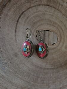 Vintage Red Coral & Turquoise Gold Earrings