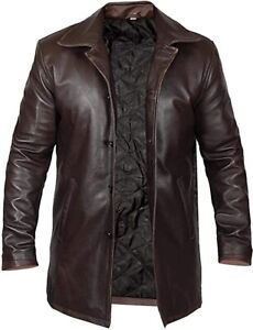 Mid-Lenght Dark Brown Distressed Genuine Lambskin Leather Trench Over Coat Mens