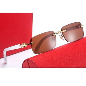 Gold Frame Brown Tint Rimless White Woodgrain Arm Unisex Buffs Sunglasses