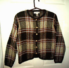 Dress Barn S Mohair Blend Cardigan Sweater Brn/Green/Ivory/Plaid Gold Button VTG