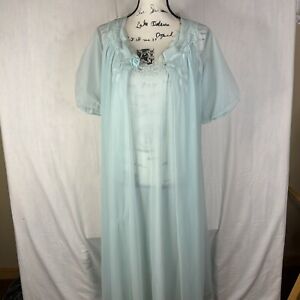 Vintage Kayser Negligee Nightgown Medium Aqua Blue 2 Piece 1960's Honeymoon USA