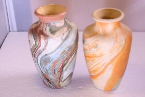Antique Pair Unmarked Morton? Nemadji Style Glazed Interior Swirl Pottery Vases