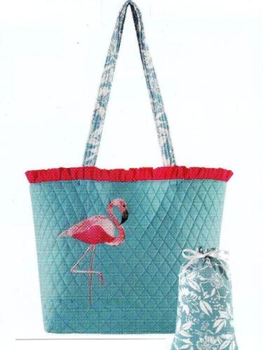 Ruffled Pink Flamingo Mingo Beach Blue Tote Bag Set