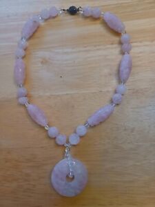 Vintage Pink Rose Quartz Necklace with Beads and Sterling Silver Clasp