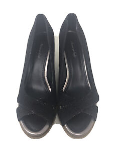 AMERICAN EAGLE Womens 6.5 Sandals Black Denim Open Toe Peep Toe Wedge Shoes