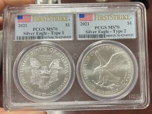 2021 Silver American  Eagle Type 1 and Type 2 Set First Strike PCGS MS 70 Double