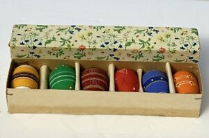 East Germany Mini Easter Egg Ornament Hand Painted Wood Set 6 Vtg In Box