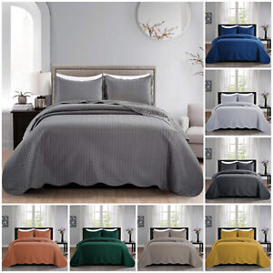 3 Piece Embossed Quilted Bedspread Reversible Queen King Size Coverlet Bed Throw