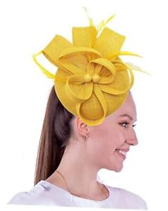 Womens Fascinator Hat Sinamay Pillbox Flower Feather Tea One Size Aa Yellow