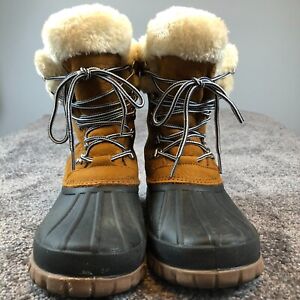 J. Crew Boots Fur Lined Winter Snow Womens Size 10 Sherpa Trim Brown Leather Ski