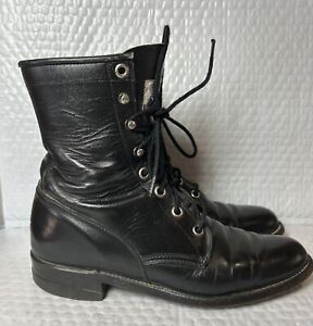 Vintage Justin L506 Black Leather Womens 6 B Granny Lace Up Boots Roper Western