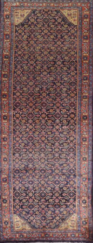 Vintage Navy Blue Geometric Mahal Runner Rug 4x11 Wool Hand-knotted Carpet