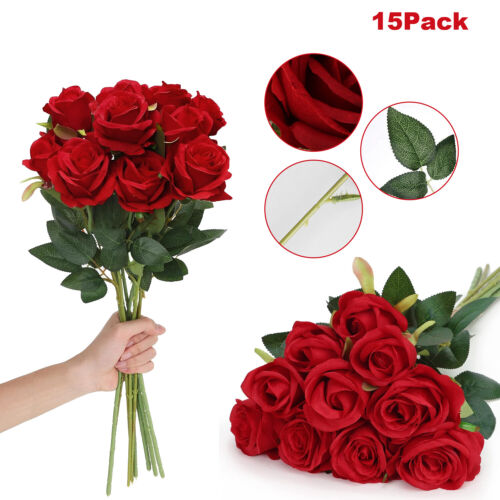 5-10 Red Silk Velvet Roses Artificial Flowers Realistic Bouquet Home Decor Gifts