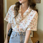 Women's Summer Korean Print Lapel Short Sleeve Chiffon Shirt Blouse Top Students