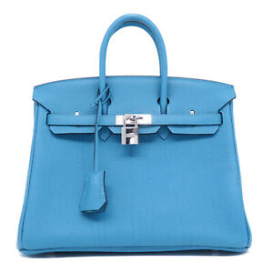 *10%OFF* HERMES PHW Birkin 25 Handbag Togo Leather Turquoise Blue