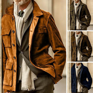 Mens Suede Casual Fashion Jacket Retro Stand Collar Trench Windbreaker Coat Size