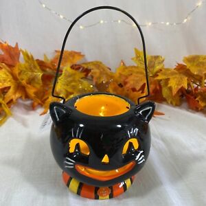 Halloween Retro Johanna Parker Ceramic Black Cat Lantern Led Light Up Figure New