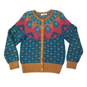 Caren Sport Womens L Colorful Knit Cardigan Sweater Button Up Nordic Teal Multi