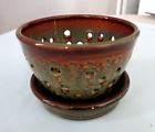 2 piece Hand Thrown Art Pottery Footed Berry Bowl + Dish Drip Glaze Signed  EUC