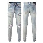 Men's Ripped Patchwork Skinny Fit High Street brands Blue Stretch Denim Jeans