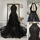 Lace Black Gothic Wedding Dresses Halter Neck Backless Sweep Train Bridal Gowns
