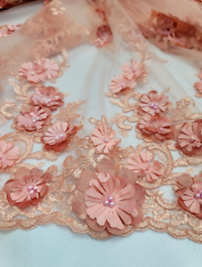 Coral Lace 3d Floral Flowers Embroidered Pearls On Mesh Fabric Sold By The Yard